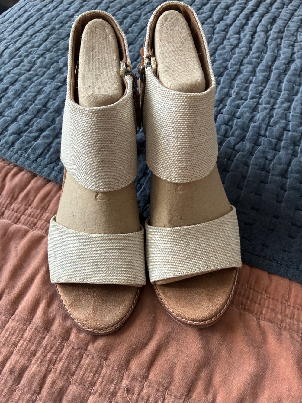 Toms Cream Canvas Two-Band Wedge Sandals